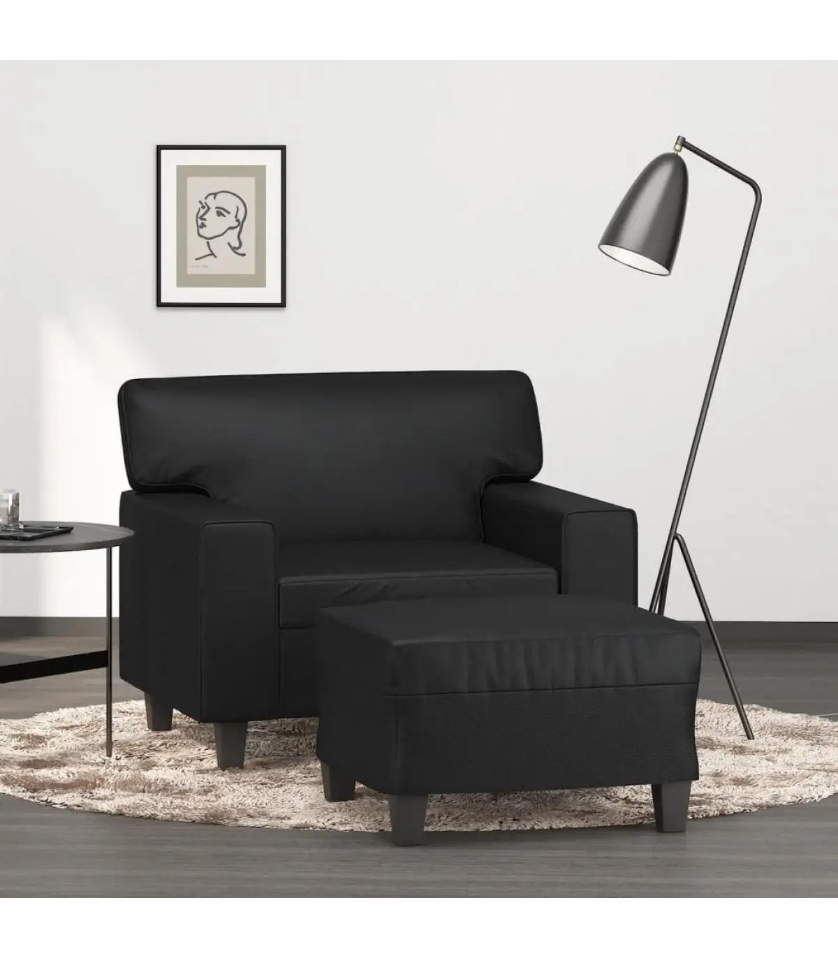 Sofa armchair with stool black synthetic leather 60 cm