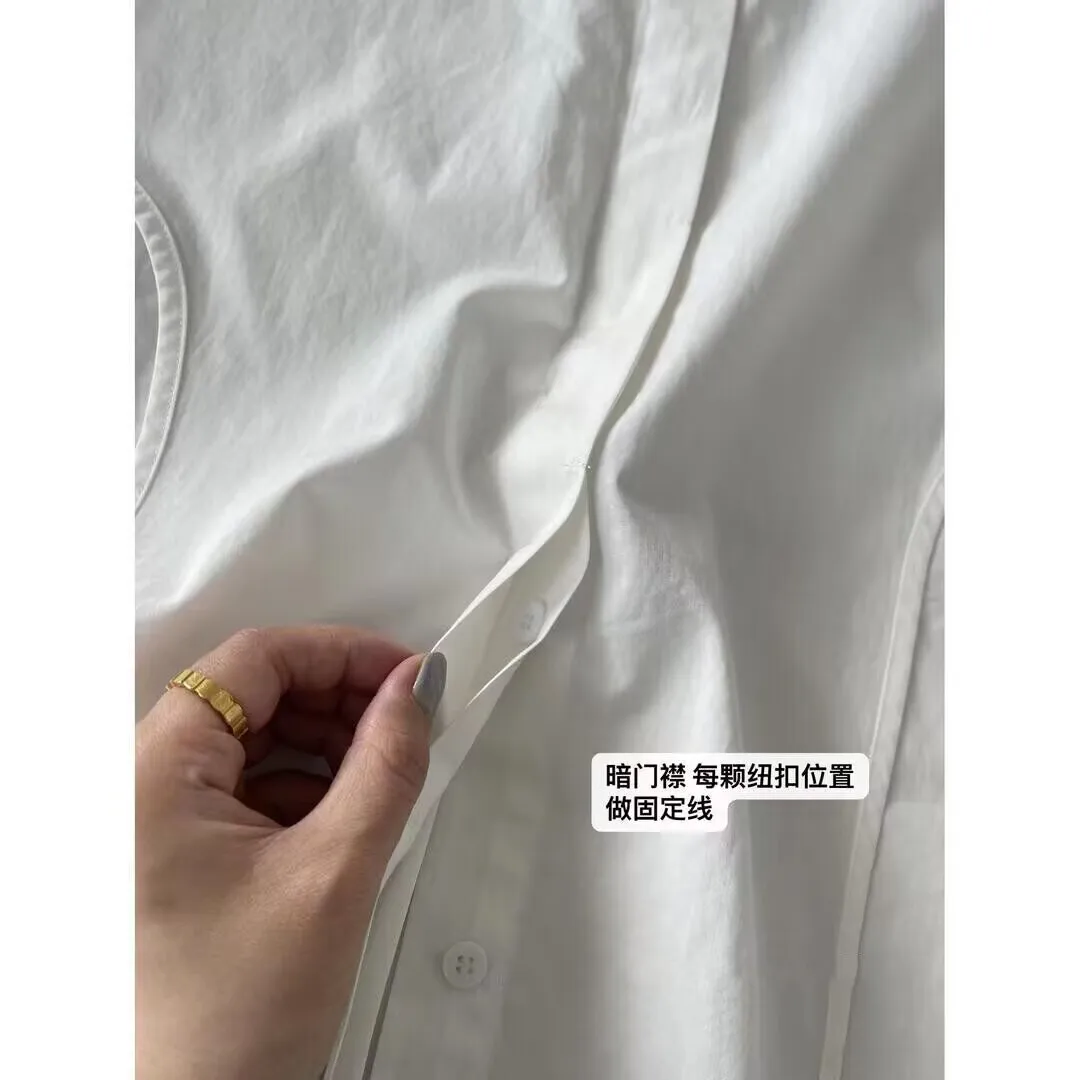 White Lapel Collar Solid Color Shirt Women 2024 Spring Loose Design Sense Niche French Unique Casual Long Sleeved Forking Tops