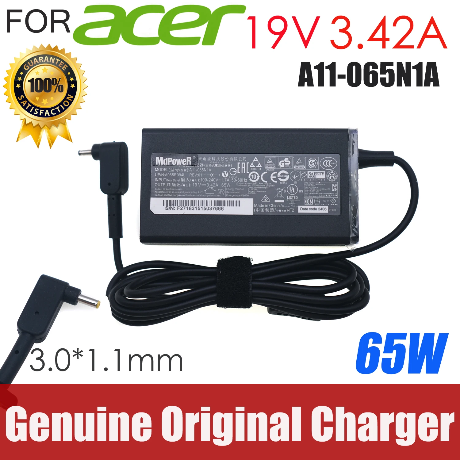 

Original 19V 3.42A 65W AC Adapter Power Charger For Acer Spin 3 SP314-54N-56S5 A11-065N1A ADP-45HE BB PA-1450-26AC A045R016L