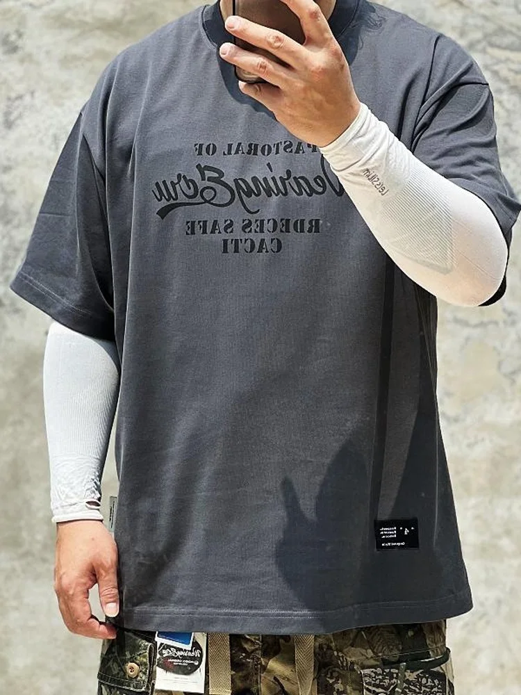 

Vintage Washed 300g Heavy LGOG Printed Small Collar Japanese Style Retro Wide Fit Short Sleeve T-Shirt for Youth Summer Wear