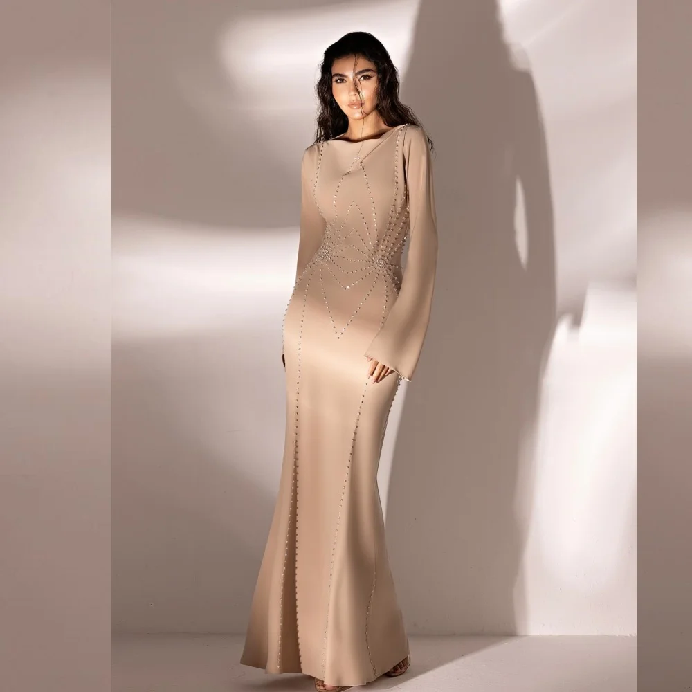 Sexy High Quality Jersey Rhinestone Pleat Mermaid Scoop Neck Long Dresses Cocktail Dresses Sizes Available Modern Style Casual