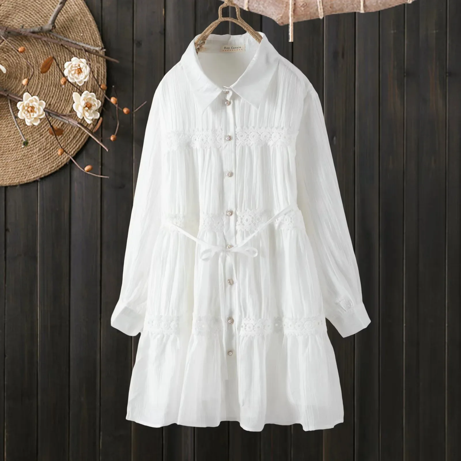 和菓子森ガール無地レースパッチワークコットンシャツドレス女性秋ターンダウンカラー長袖ベルト付きドレス