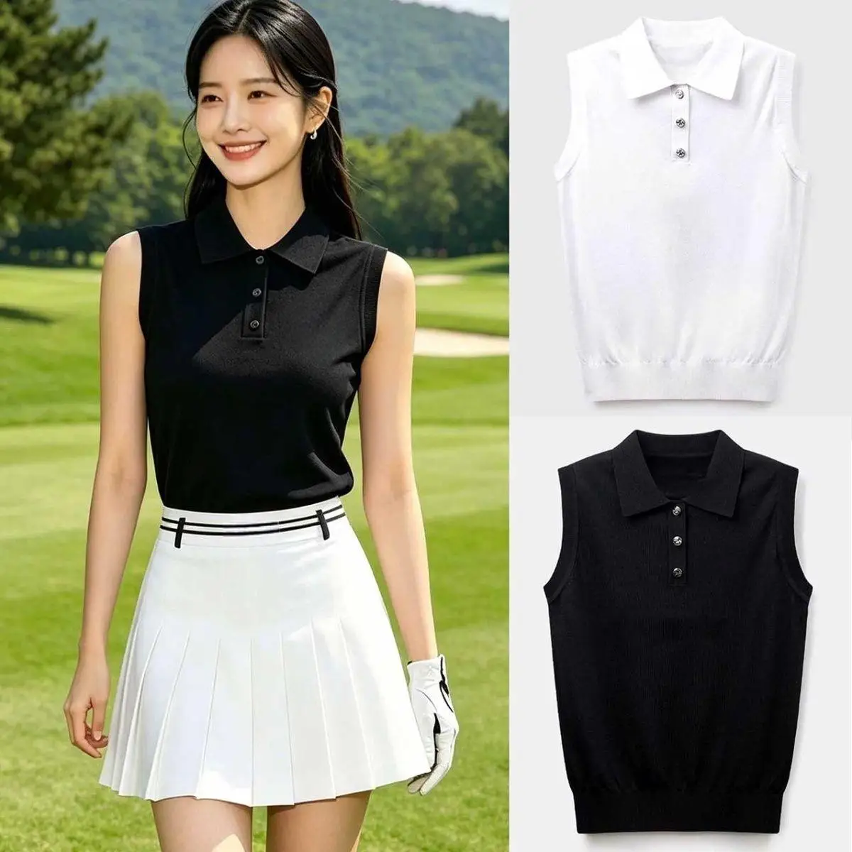 2026 New Women Golf Collar Knit Sleeveless Vest Thin Slim Fit Multi Color Sport Polo Tank Tops Ladies Outdoor Golf Shirts