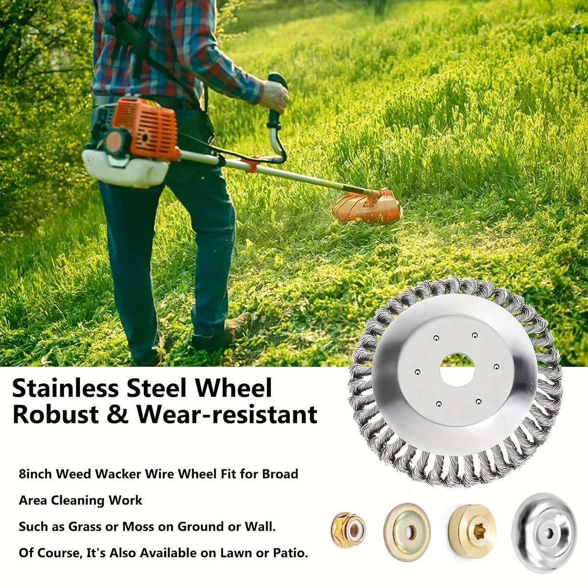 8 Inches Heavy Duty Steal Wire Brush Cutter Trimmer Head with Adapter Kit for String Trimmers, Rust Removal, Lawn Mower