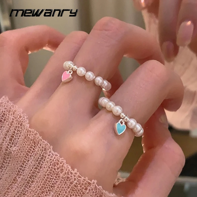 Mewanry Pearl Beaded Ring For Women Girls New Fashion Creative Cute Sweet Love Heart Pendant Birthday Jewelry Gifts Wholesale