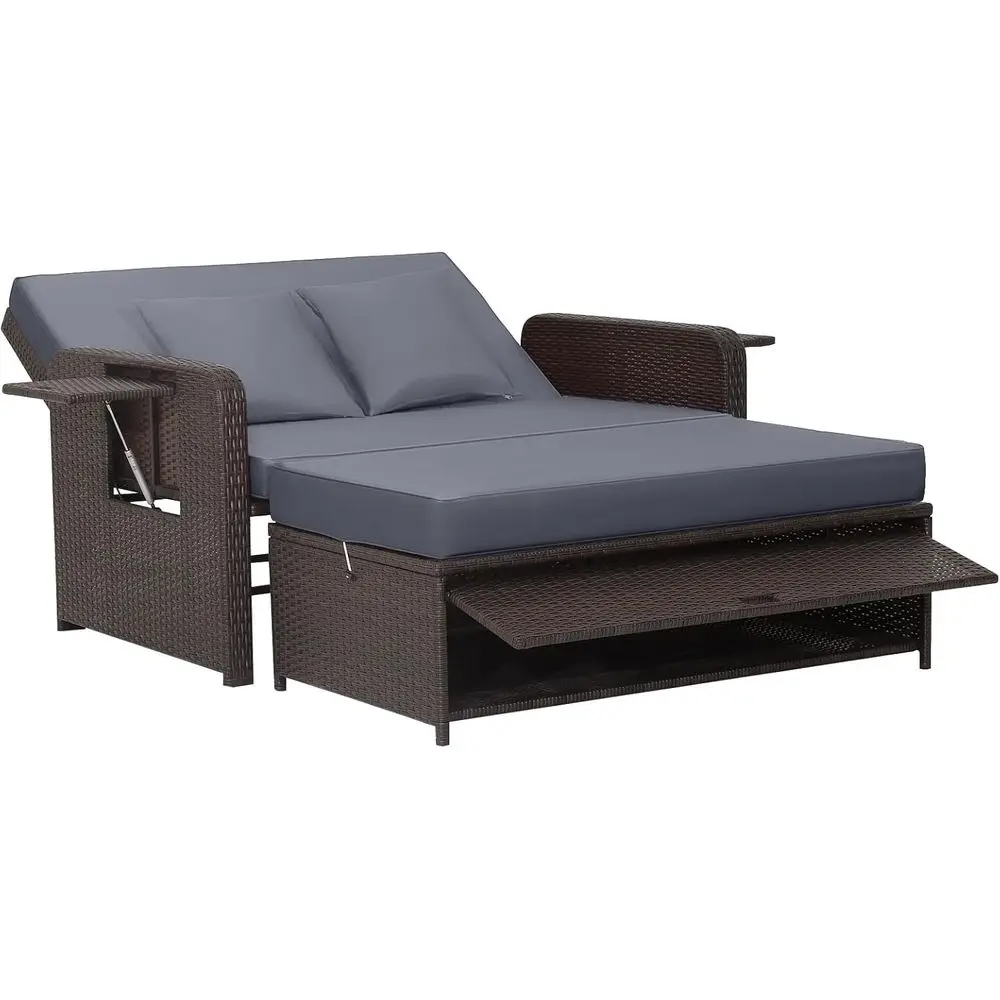 

Grey Outdoor Rattan Daybed with Cushions, Adjustable 4-Position Backrest, Storage Ottoman, Ideal for Patio, Garden, Poolside