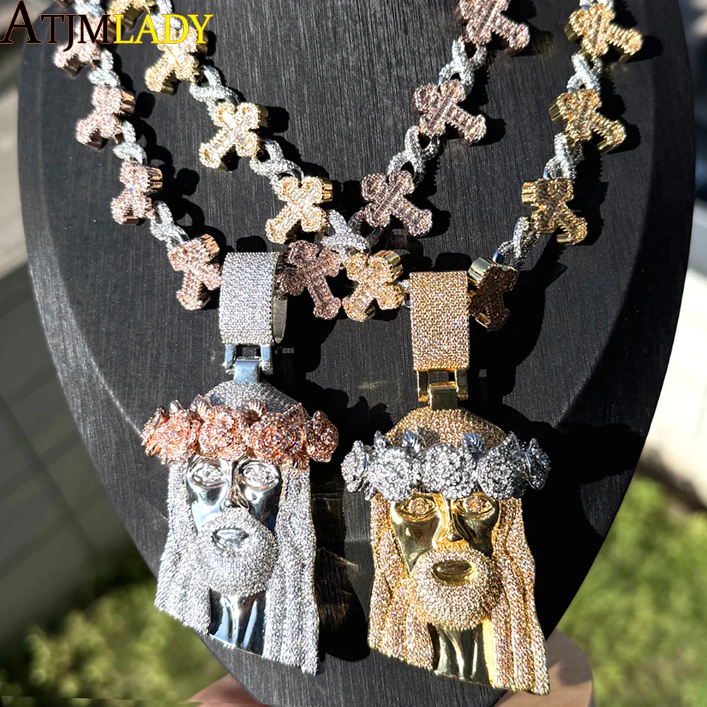 

Bling 5A CZ Paved Ice Out Two Tone Color Rose Flower JESUS PIECE Pendants Necklaces for Men Boy Hip Hop Rapper Jewelry