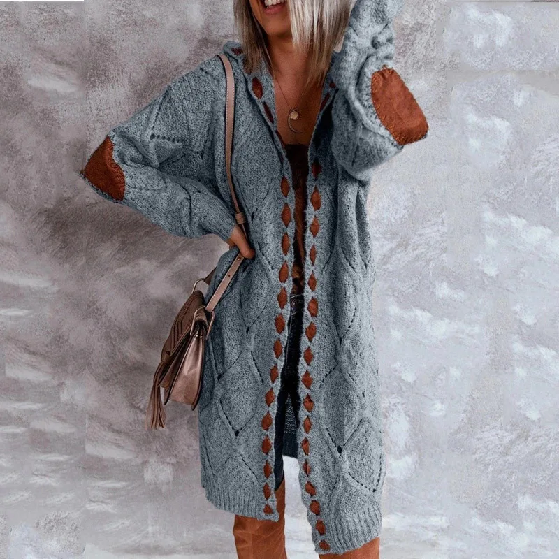 Vintage Women Oversized Hooded Long Cardigan Knitted Sweater Jumper Sweaters Knitted Plaid Casual Brown Coat Jersey Mujer Jacket