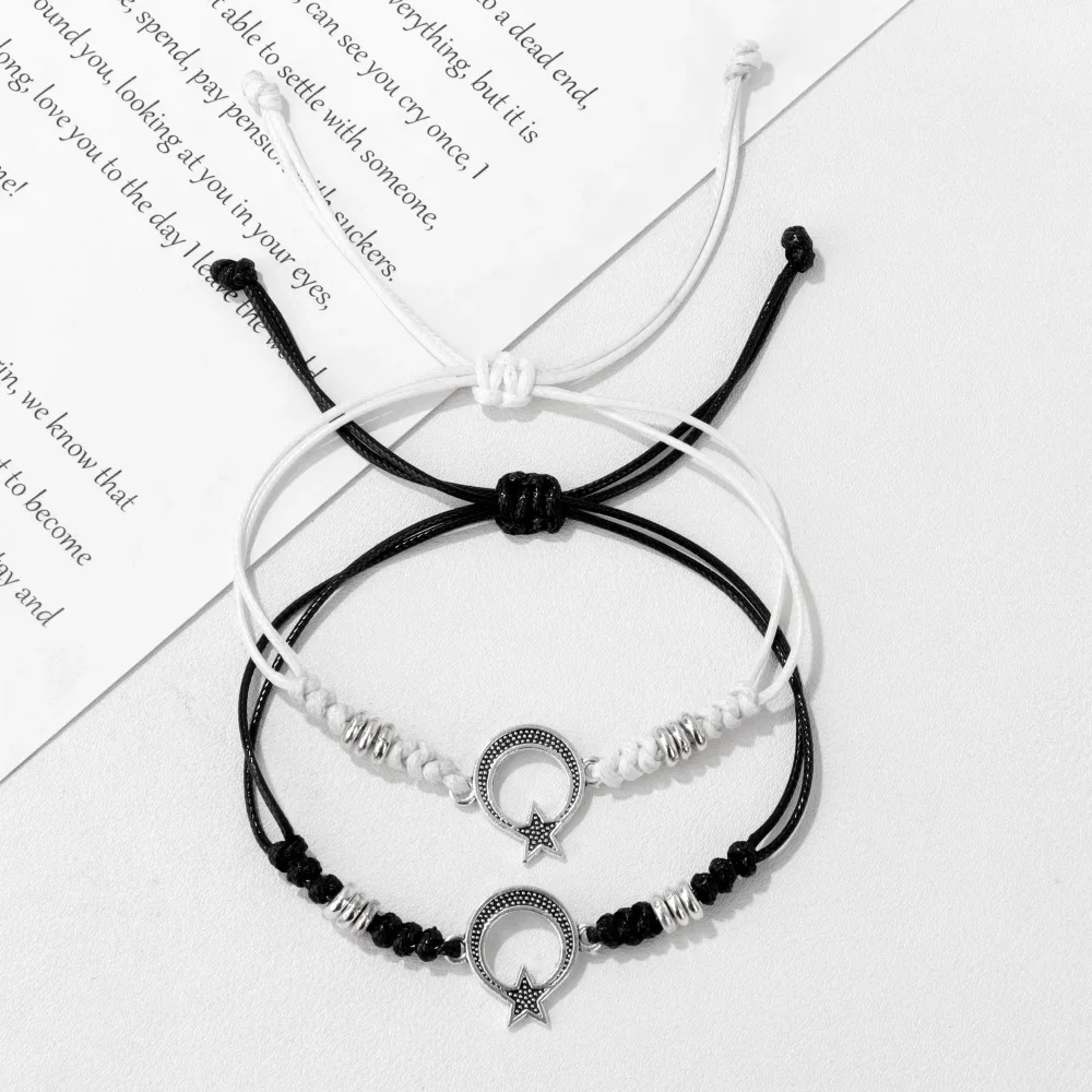 Handmade Cross Bless Bracelet 2PCS/Set Black And White Cord String Wax Rope Couple Bracelets Adjustable Bangle Womne Men Gifts