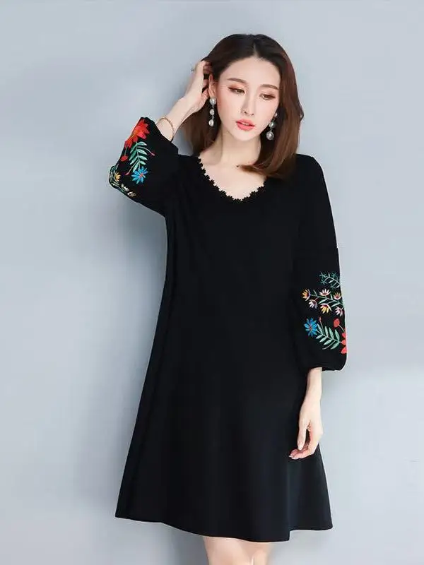 

Fashionable Mid-Length plus Size Dress Trimming Label Meat Concealing Trendy Casual High Waist Polyester Fiber Autumn Dress