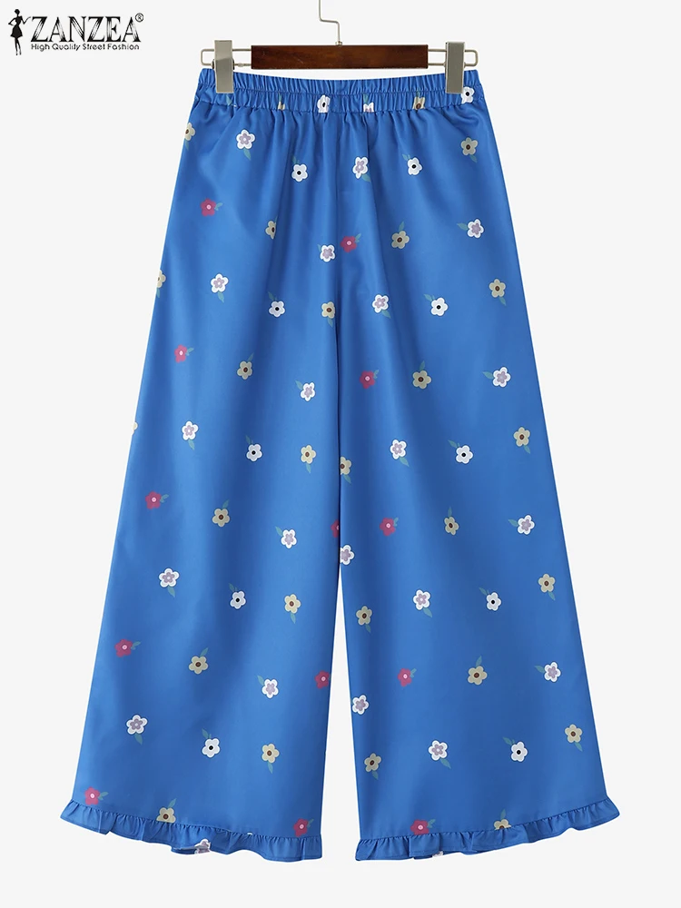 ZANZEA Korean Style Floral Printed Pants 2025 Women Vintgae Elastic Waist Wide Leg Trousers Casual Loose Pleated Bottoms