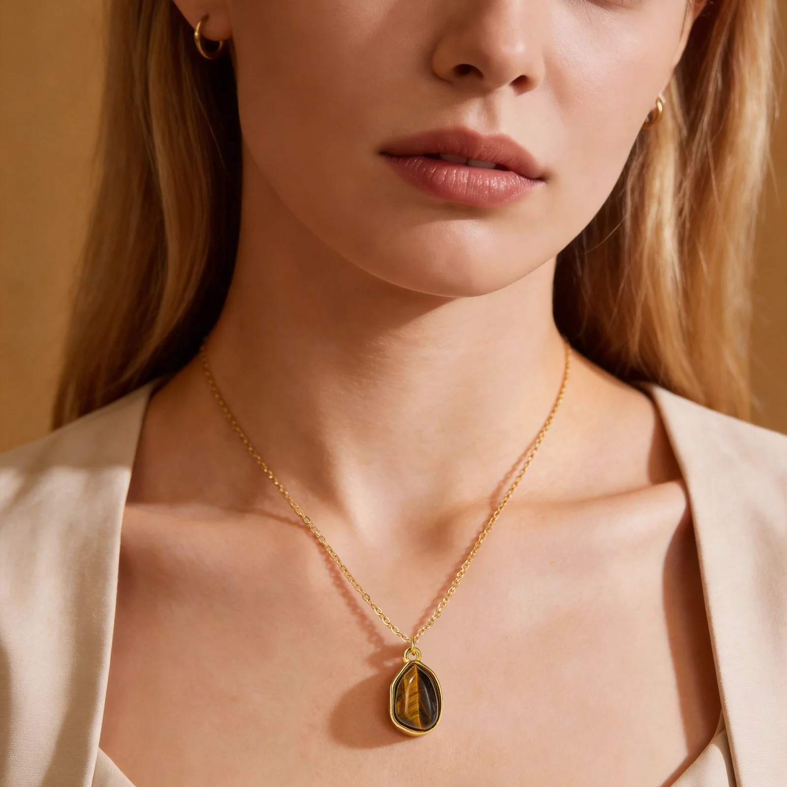 Teardrop Tiger Eye Pendant Necklace for Women Healing Necklace 18K Gold Plated Waterproof Protection Stone Bijoux