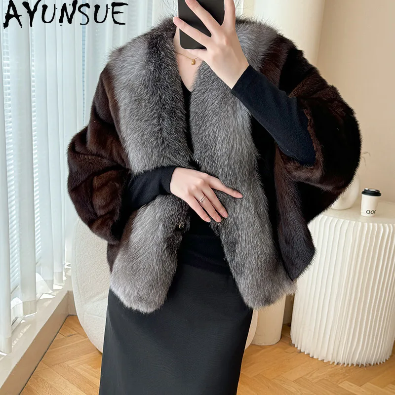 AYUNSUE Naturalna Kurtka z Futra Norki Damska Kołnierz z Futra Lisa Prawdziwe Futro Kurtki dla Kobiet Odzież Wysokiej Jakości Cała Norka Шуба Женская