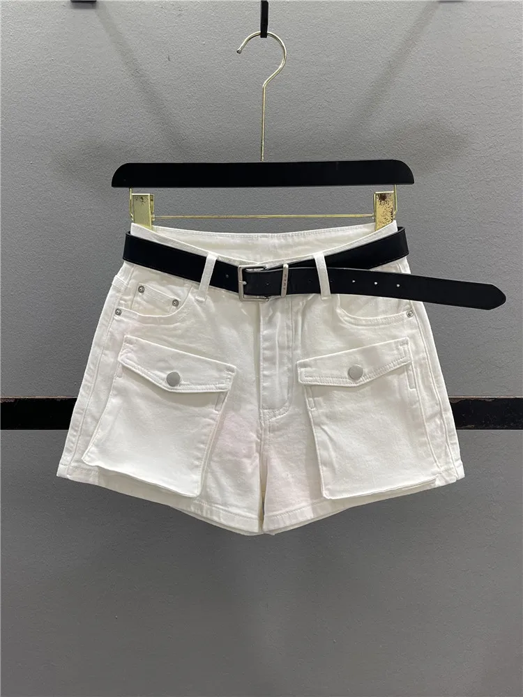 

White 3D Pocket Denim Shorts Women's Casual Summer Design A-Line Wide Leg Hot Pants Cotton Stretch Denim Natural Waist Zipper