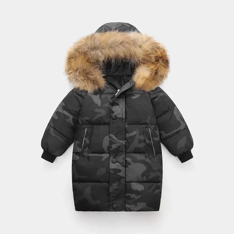 Large Fur Collar Kids Down Padded Jacket Camouflage Boys Cotton Coat Long New Child Outerwears Girls Thick Winter Clothing