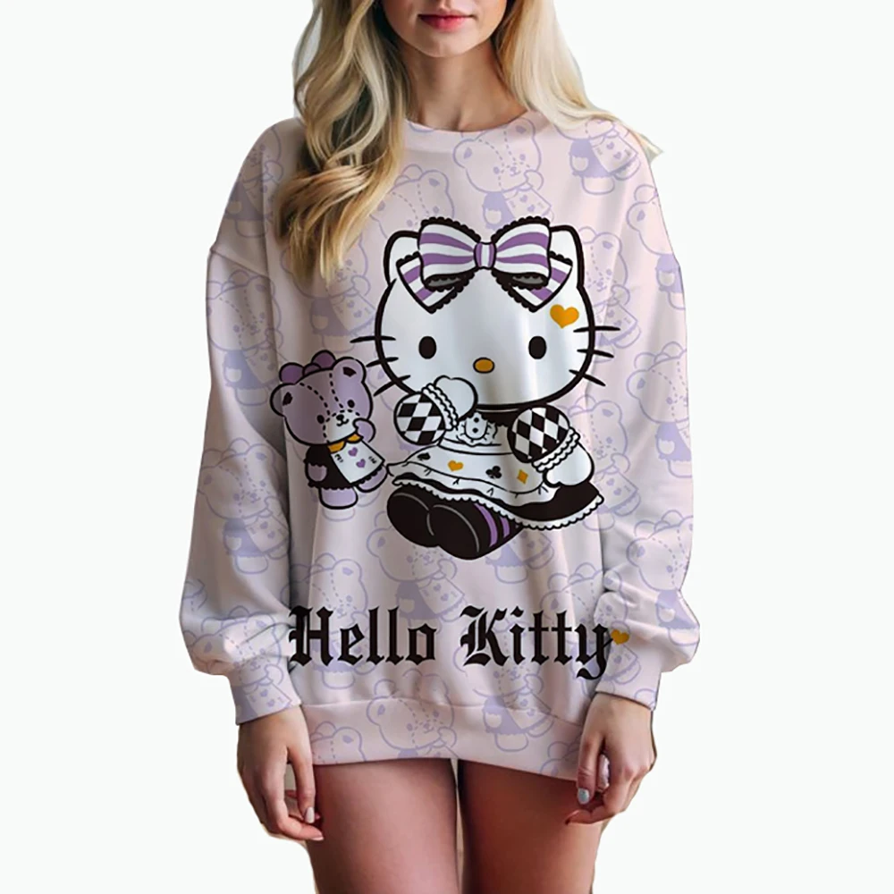 Hello Kitty Women\'s Autumn/Winter Sweet Cute Women\'s Cartoon Loose Round Neck Korean Y2k Girls\' Fashion Versatile Top