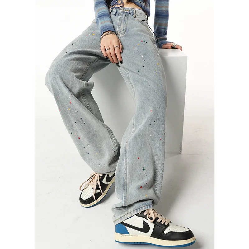 Vintage Blau Hohe Taille Frauen Jeans Graffiti Amerikanischen Mode Streetwear Breite Bein Jean Weibliche Winter Hosen Baggy Denim Hosen