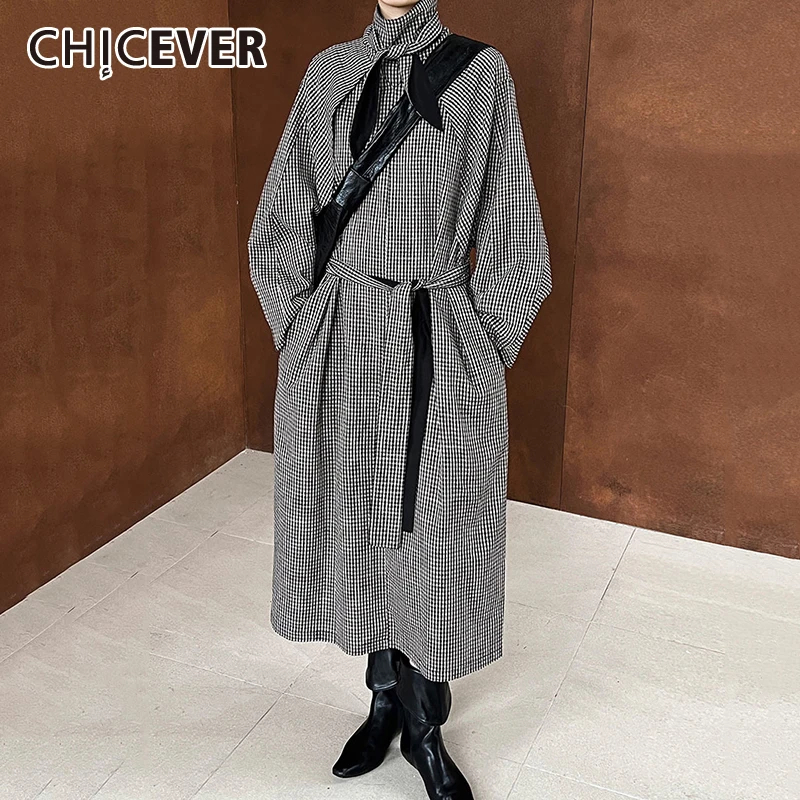 

CHICEVER Retro Plaid Dresses For Women Turtleneck Spliced Lace Up Long Sleeve High Waist Hollow Out Design Midi Dress Female New