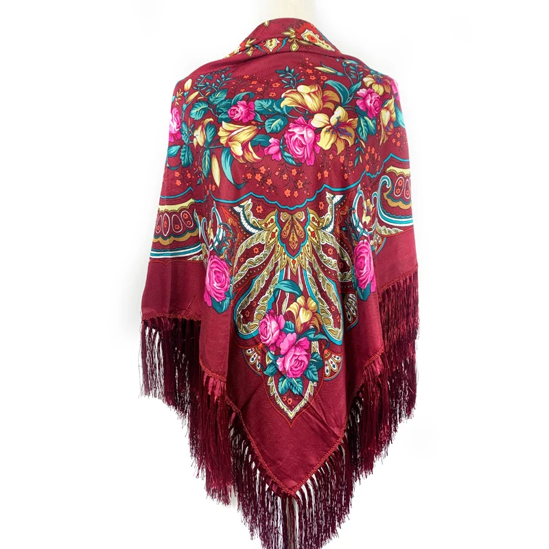 135*135cm New Design Women Russian National Square Scarf Ukrainian Fringed Handkerchief Ethnic Shawls Babushka Head Wraps