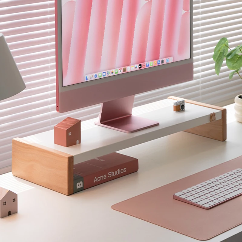 Carbon Steel & Solid Wood Monitor Stand Ergonomic Office Desk Organizer Compact Computer Screen