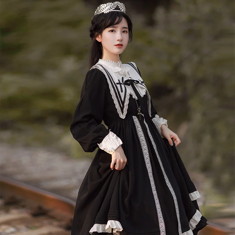 

Summer Lolita Nun Dress Medieval Retro Large Skirt Hem Dress Lace Cross Stand Collar Free Fake Collar
