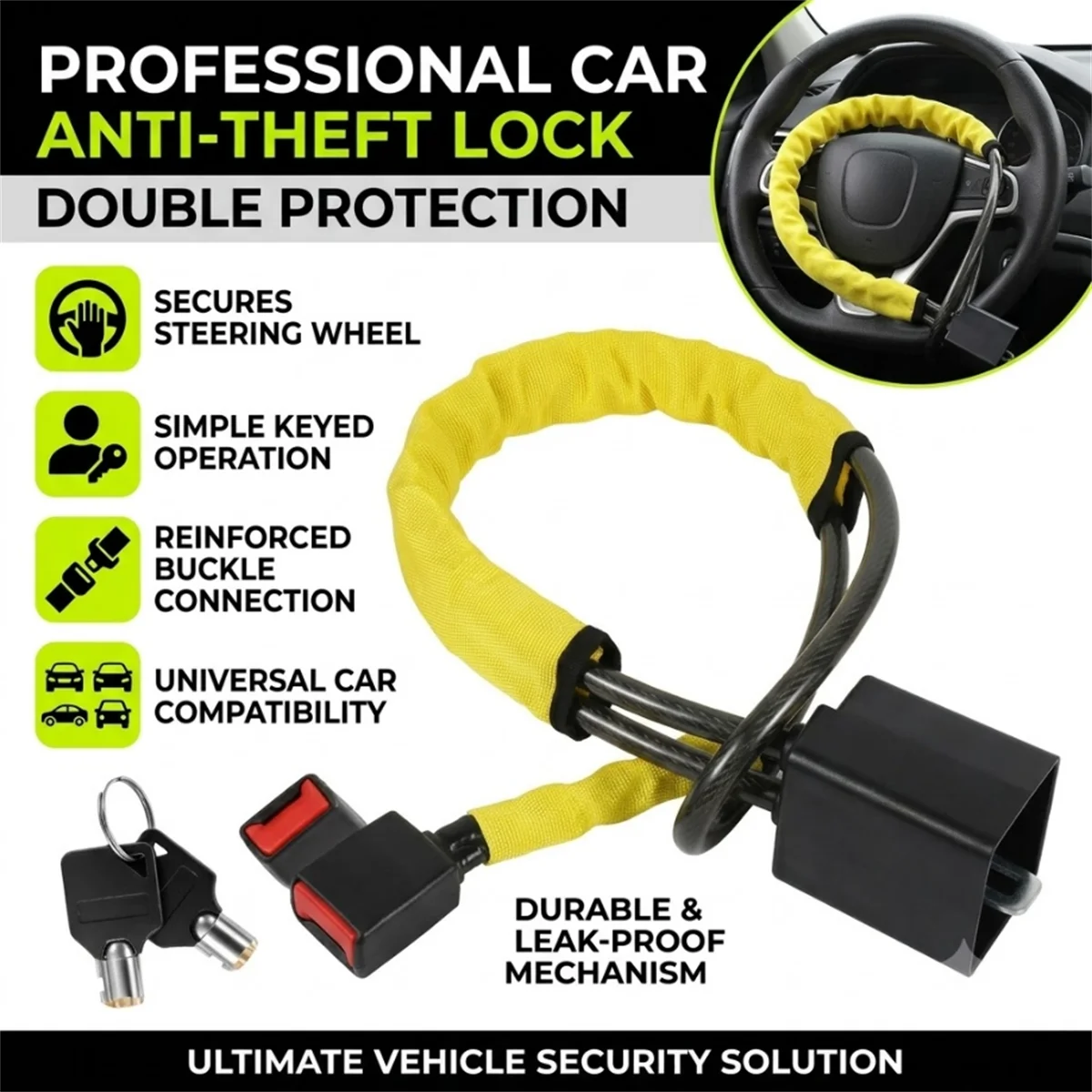 74cm Steering Wheel Lock Heavy Duty Anti-Theft Seatbelt Lock High Visibility Yellow Steel Cable Car Lock for SUV Truck Van Car
