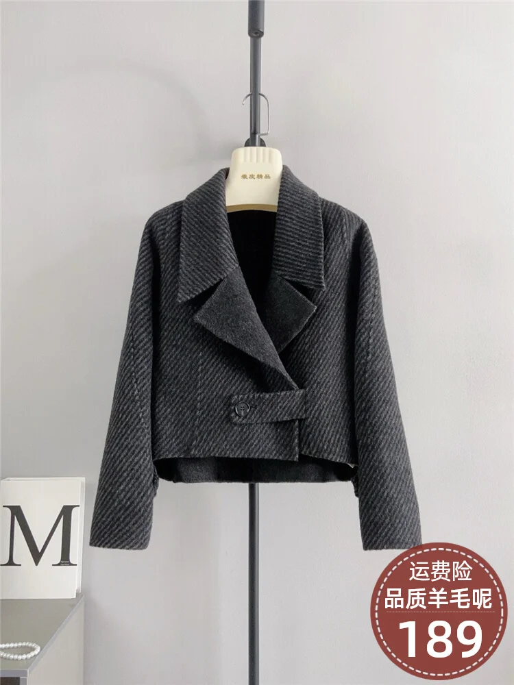 Pure wool double-sided herringbone pattern lapel, one button short jacket made of wool, Haining temperament, small stature, slim