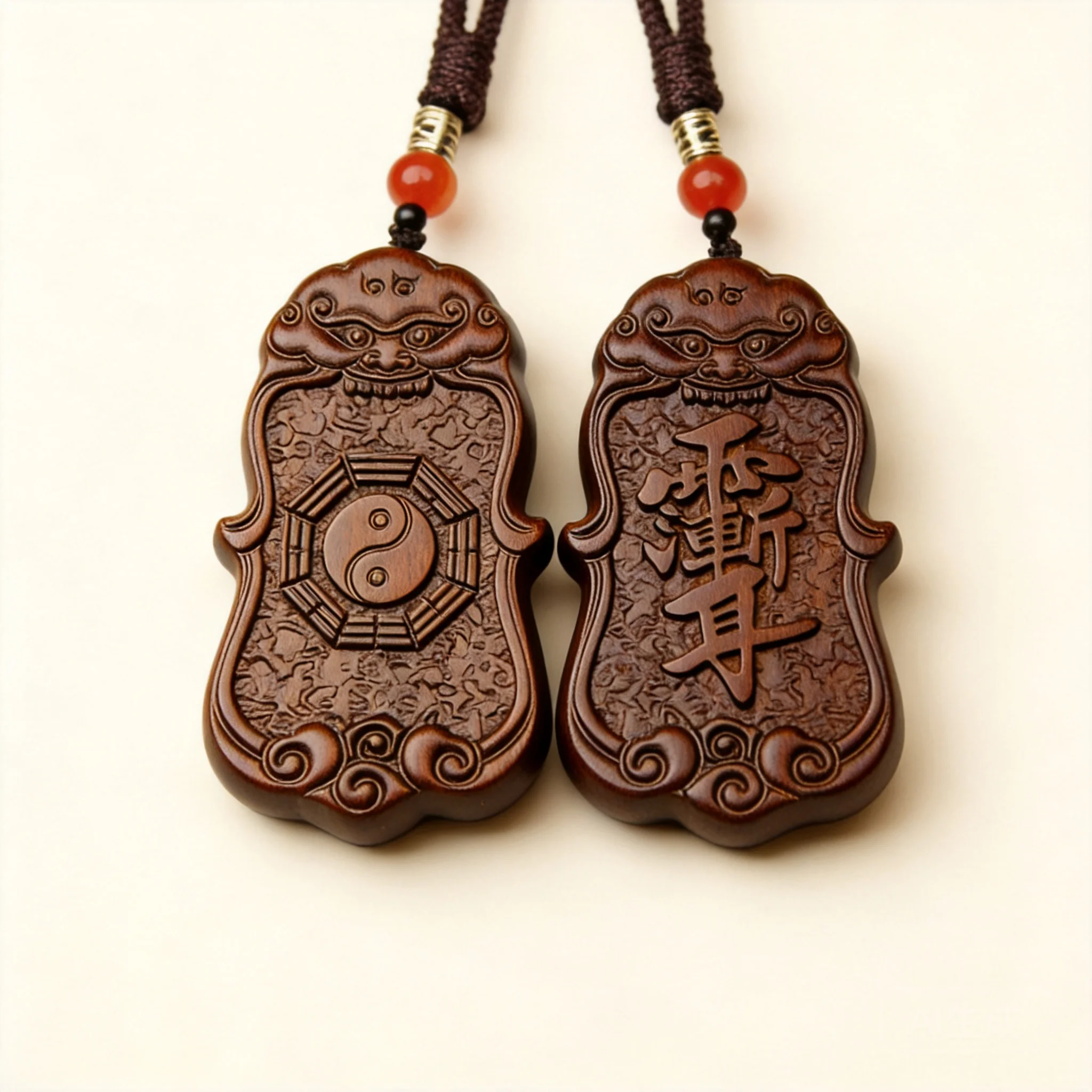 Chinese Traditional Lucky Thunder Struck Jujube Wood Pendant Double Sided Carved Tai Chi Bagua Ziwei Talisman Blessing Fortune