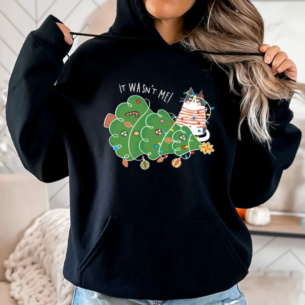 

Christmas Black Cat Hoodie It Wasn't Me Sweatshirt Funny Black Cat Tee Holiday Crewneck Shirt Christmas Gift For Cat Lover