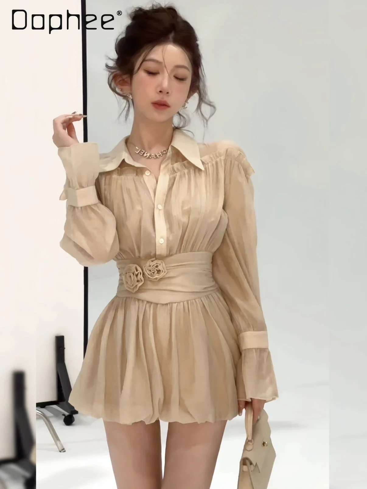 

French 3d Rose Shirt Dress Elegant Long Flare Sleeve Lapel Single Breasted Bud Mini Dress Solid Color Temperament Party