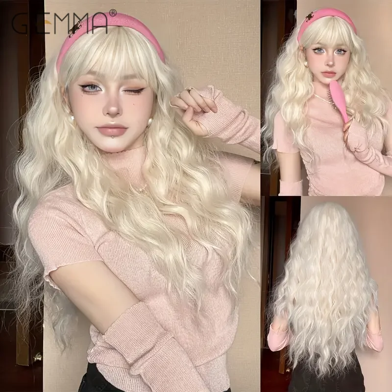 

GEMMA Long Curly Wavy Platinum Blonde Synthetic Wigs with Bangs for Women Natural Hair Cosplay Party Lolita Wig Heat Resistant