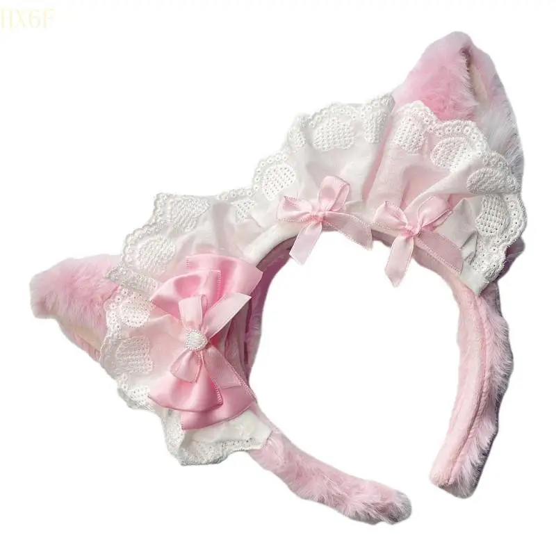 

HX6F Adorable Sweet Headband Cosplay Hairband with Plush Ear & Ribbon Bowknot Design for Daily Wear and Themed Parties