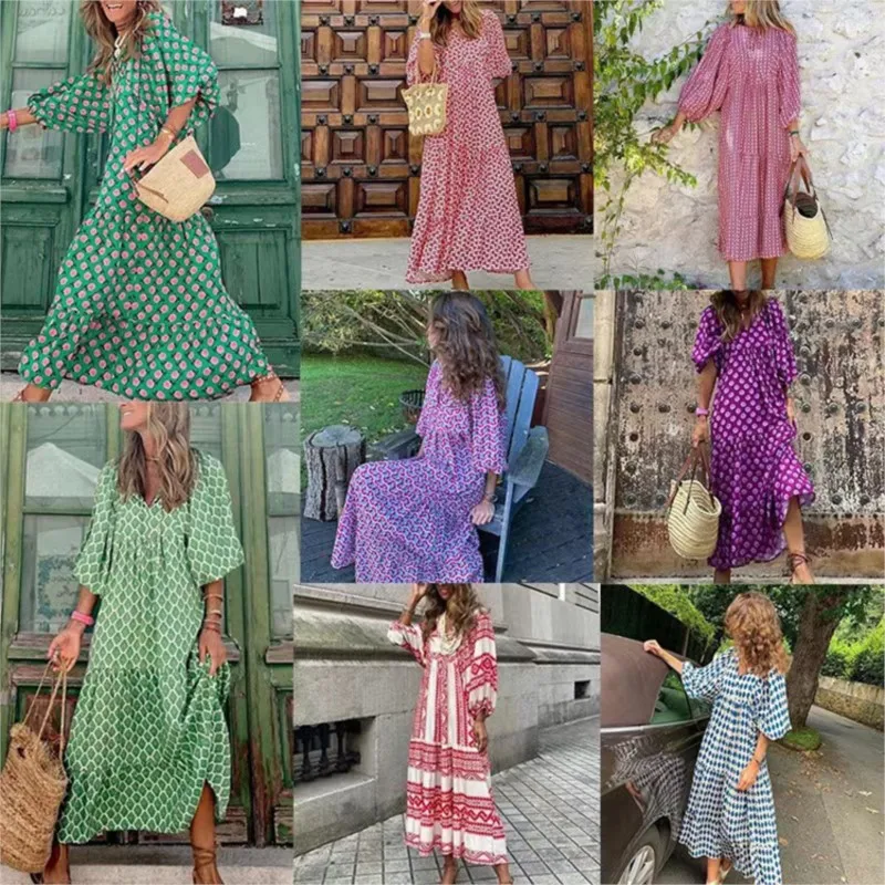 2024 Women Casual Fashion Puff Sleeve Boho Maxi Dress Beach Dresses Summer Floral Print V-Neck Party Vestidos