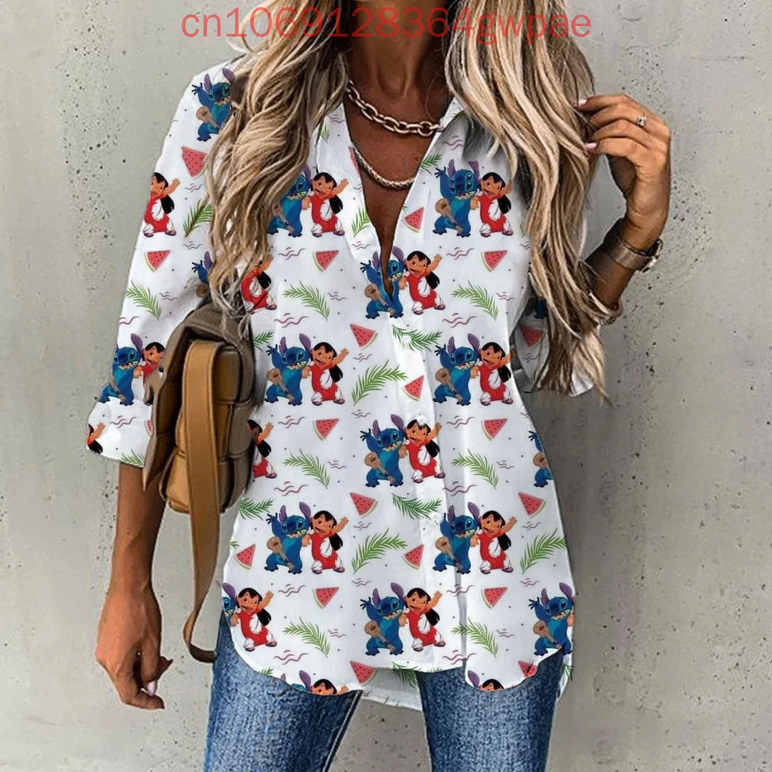 2025 Disney Stitch Casual blouse Dames shirt met lange mouwen Knopvest Elegant 3D Ademend Dames Hawaiiaanse shirts Tops