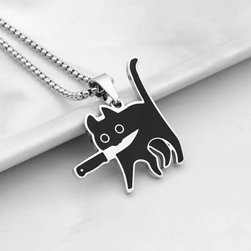 2024 Gift Fashion Knife Cat Necklace For Women Men Titanium Steel Kpop Funny Black Cat Pendant Sweater Chain Jewelry