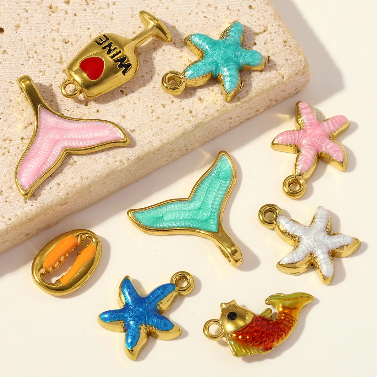 5pcs/Lot Fashion Stainless Steel Enamel Starfish Shell DIY Charms Fish Tail Necklace Pendants Woman Wine Glass Jewelry Wholesale