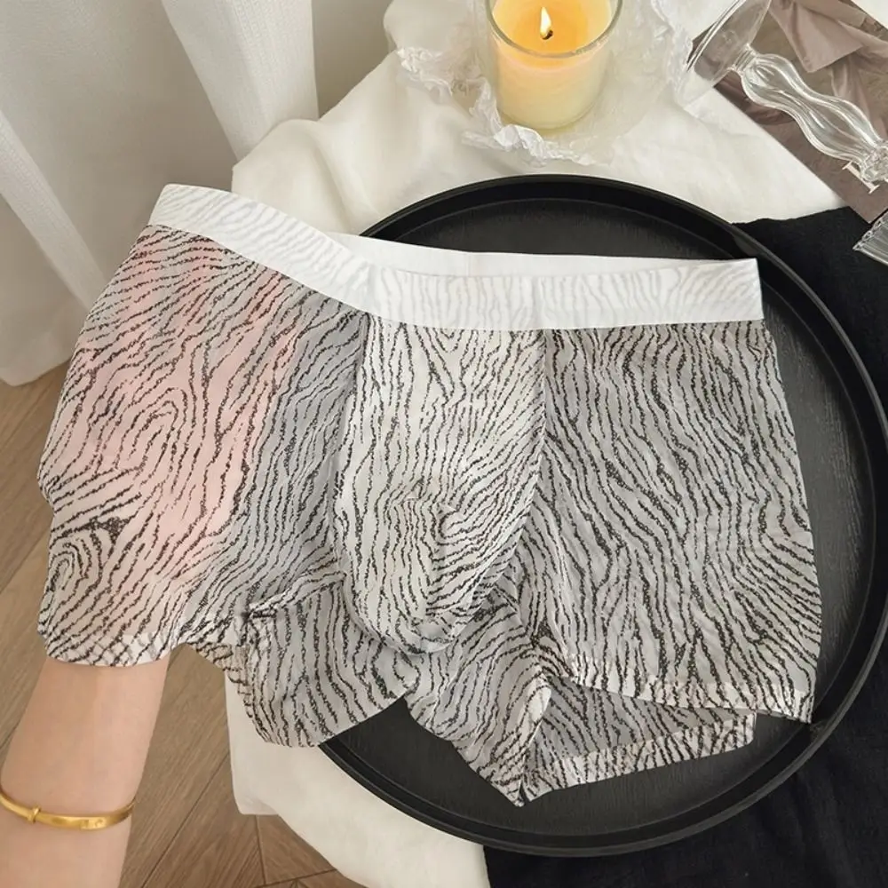 

Fashion Thin Ice Silk Boxer Briefs Stripe Breathable Cool Feeling Underpants See Through Lingerie Men Underwear Male