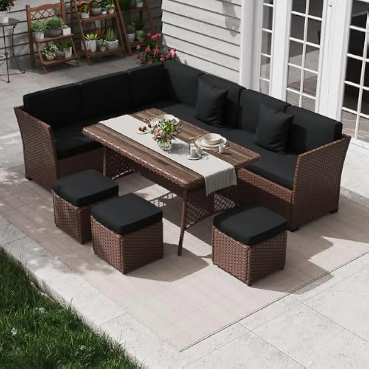 7-Piece L-Shaped Outdoor Wicker Dining Ensemble Featuring Weather-Resistant Steel Frame Rattan Weave Cushioned Seating Retro Woo