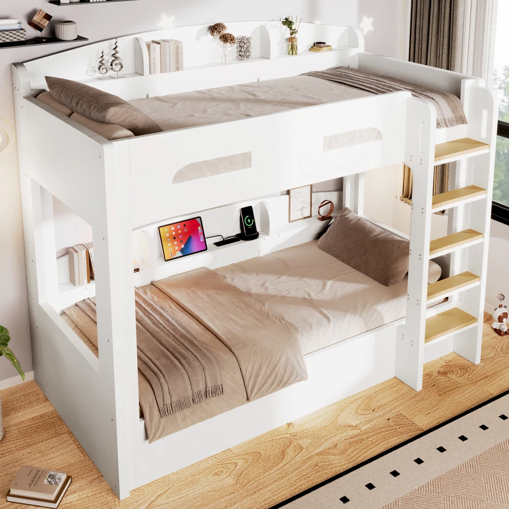 90 x 200 cm hohes Etagenbett für Kinder und Jugendliche, Staufächer oben und unten mit seitlichem Stauraum, platzsparender, robuster Holzbettrahmen, sichere und stabile Konstruktion, modernes,