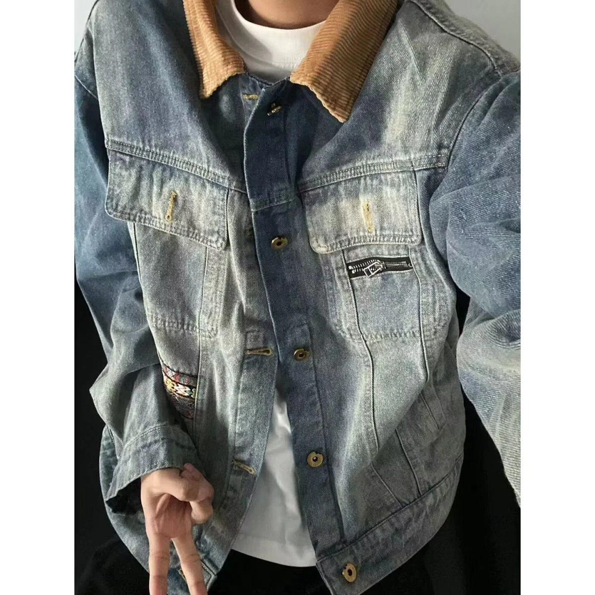 ريترو فضفاض طوق الدنيم Jaet للرجال عادية ربيع الخريف جديد Sle العصرية ملابس خارجية الوقوف صالح طويل Sve الجينز Jaet #2