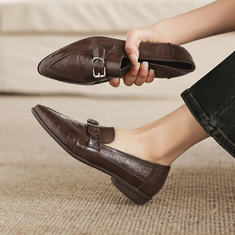 2026 new summer women pumps natural leather plus size 22-26cm sheepskin+pigskin buckle low heel loafers women shoes fashion