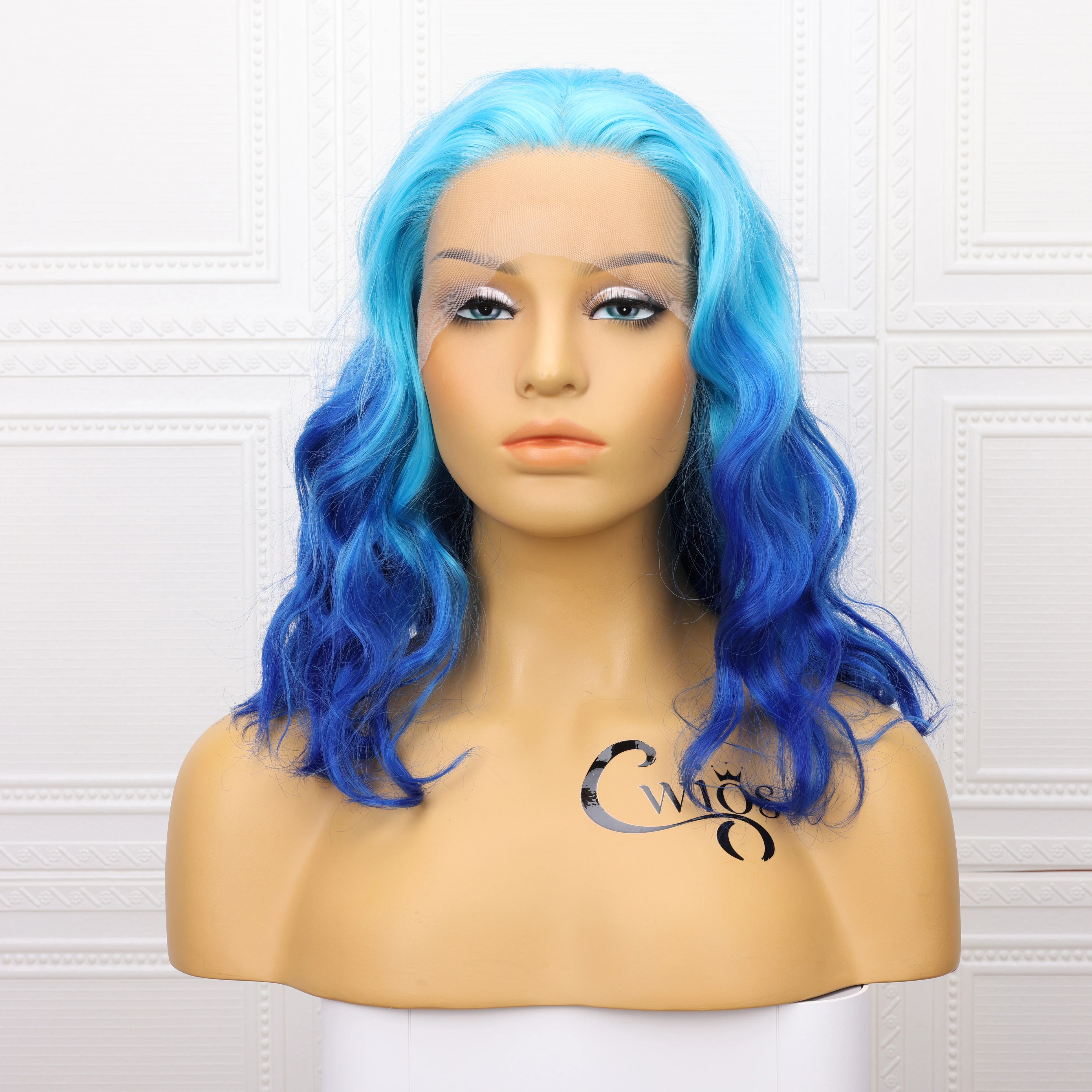 

Blue Gradient Synthetic Lace Front Wig Cosplay Birthday Party Mid-Length Wave Wig Transparent Lace 180 Density Natural Hair Line