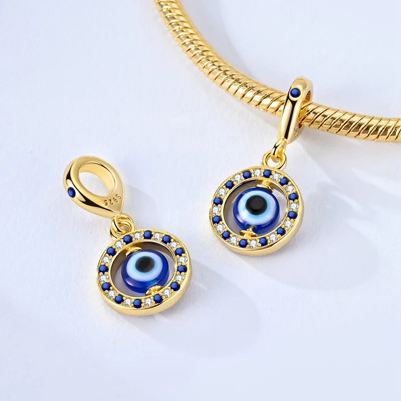 925 Sterling Silver Gold Plated Spinning Eye Charms Bead CZ Blue Zirconium Dangle Fit Original Bracelet DIY Women Jewelry Gift