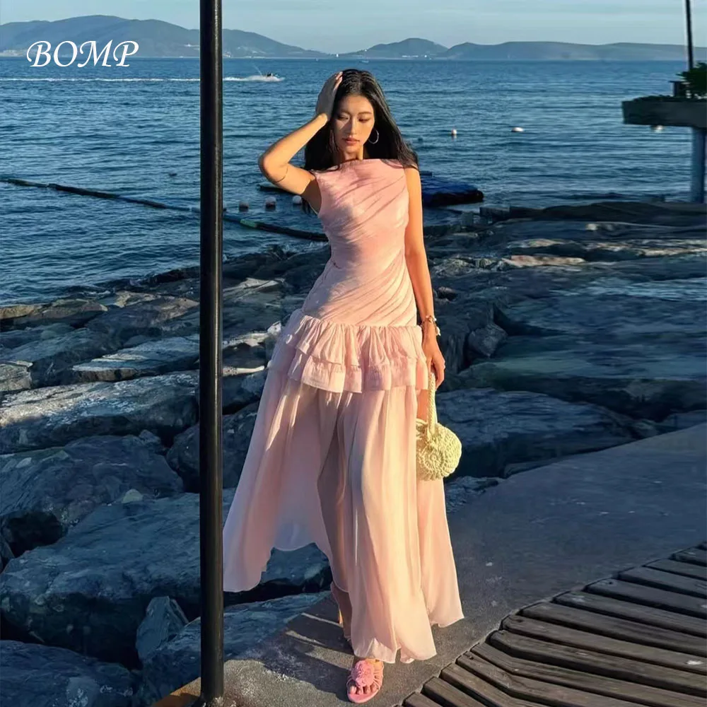 

BOMP Illusion Beach Dress Sweetheart Sleeveless Pleat A-Line Floor Length Pink Chiffon Wedding Evening Party Dresses Customized