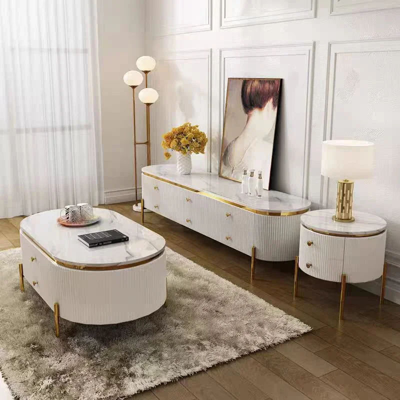 

A A Light Luxury Home White Wooden Tv Stands and Coffee Table Set Furniture Decor Wood Modern Slate Top Living Room Center Table