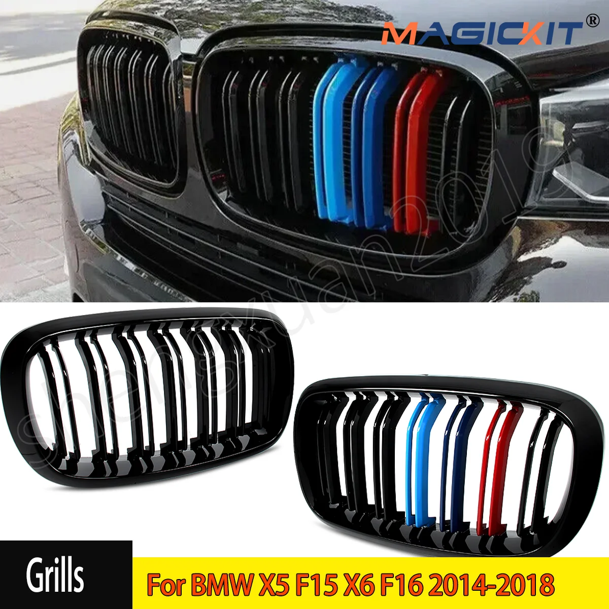 MAGICKIT 2X M-Color Front Kidney Grille Grill For BMW X5 F15 X6 F16 2014-2018 Gloss Black