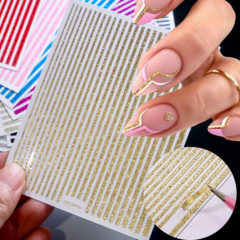 1PC Glitter Gold Silver Laser Line Nail Stickers Reflective French Metal Striping Tape Nail Decal Shiny Stripes Lines Nail Decor