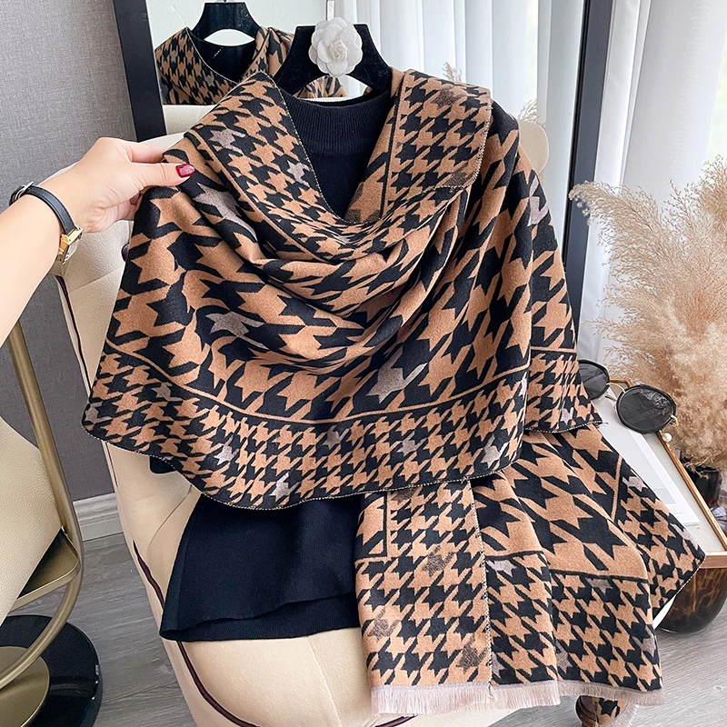 New Houndstooth Design Winter Warm Cashmere Jacquard Scarves High Quality Women Thicken Wrap Shawl Ladies Wool Pashmina Scarf