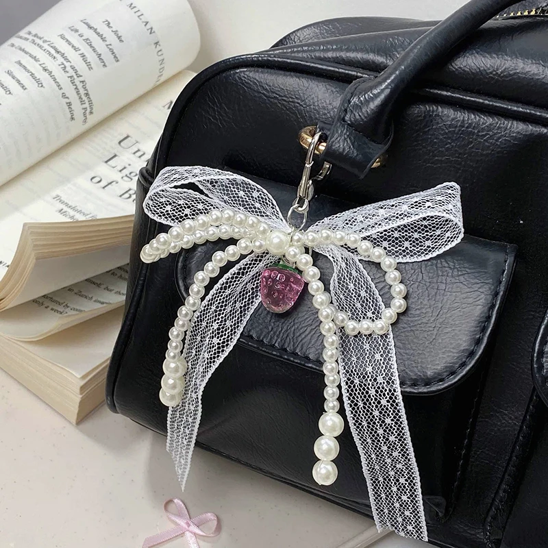 1PC Aesthetic Ballet Shoes Camera Bag Decoration Keychain Gift Lace Strawberry Bow Pearl Beaded Phone Pendant Chain Accessories