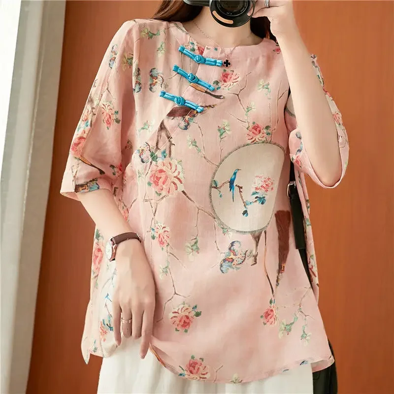 

Retro Traditional Clothing Chinese Elegant Women's Shirt Retro Style Pullover Ladies Summer Exquisite Stand Collar Oriental Top